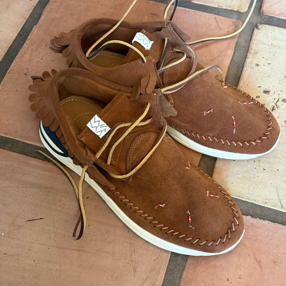 Visvim Brown and White Sneakers with Moccasin Stitching